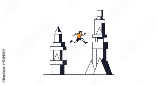 A determined athlete wearing a vibrant orange shirt performs a daring leap between two tall monochromatic geometric towers against a clean white backdrop.