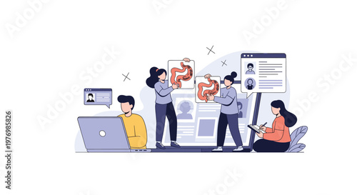 Medical professionals collaborating on digital platforms to examine and analyze digestive system health and data on screen.