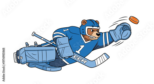 A powerful brown bear wearing professional blue ice hockey goalie equipment dives across the ice to catch a fast-moving orange puck with its glove.