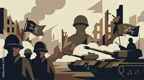 Graphic illustration of soldiers and tanks in a ruined city during wartime