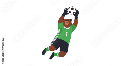 A majestic brown bear wearing a bright green soccer goalkeeper jersey and dark gloves leaps high into the air to secure a classic black and white ball.