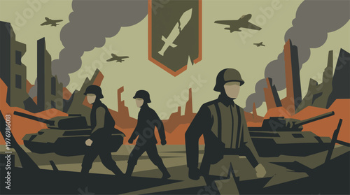 Stylized illustration: Soldiers and tanks in a war-torn city landscape