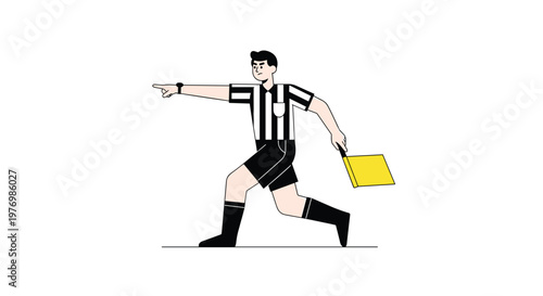 A determined sports official in a traditional striped uniform points toward the field while carrying a yellow penalty flag during a competitive match event.