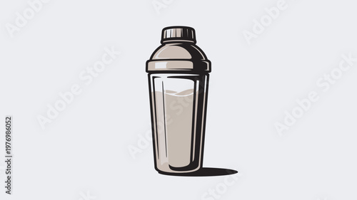 A cartoon-style illustration of a protein shaker bottle on a plain background