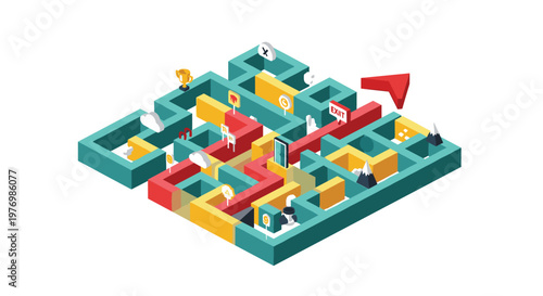A vibrant isometric labyrinth displays a winding red path navigating through various obstacles and rewards including trophies toward a designated exit door.