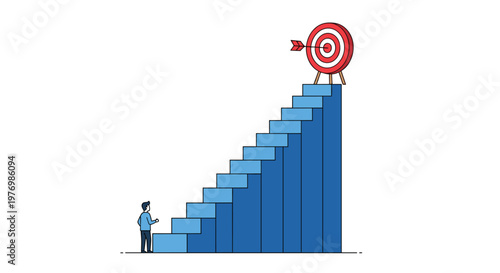 A motivated individual prepares to climb a steep blue bar chart staircase leading toward a red and white target which serves as a primary business goal.
