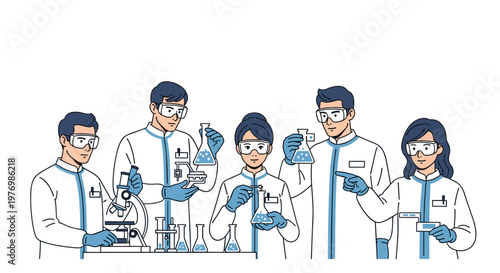 A dedicated team of five professional scientists wearing white laboratory coats and safety goggles conduct experiments using microscopes and glass flasks filled with blue liquid.