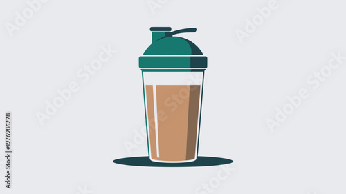 A cartoon illustration of a protein shaker bottle with a green lid on a plain background