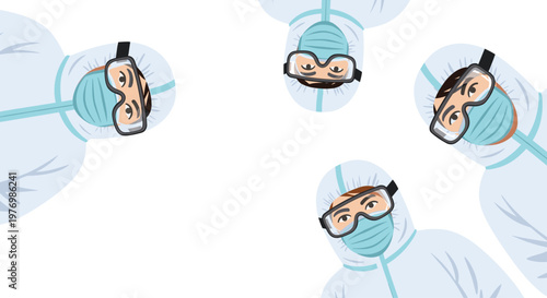 Four medical workers wearing complete white protective hazmat suits and blue face masks look directly down at the viewer from a low angle perspective.