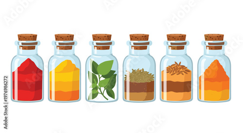 Meticulous glass spice jars with natural cork stoppers contain vibrant red paprika, golden turmeric, and fresh green basil leaves against a white background.