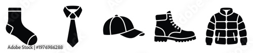 Collection of essential clothing and apparel items depicted as clear black silhouette icons suitable for use in web graphics, mobile applications, and informational presentations.