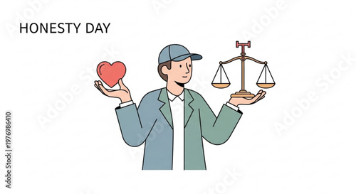 Man balancing heart and scales of justice representing honesty and integrity for Honesty Day concept isolated on white background