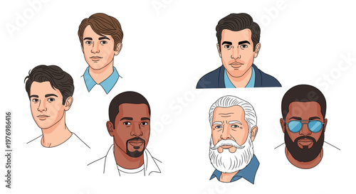 Collection of diverse male portraits showing different ages, ethnicities, and facial hair styles from young to elderly men.