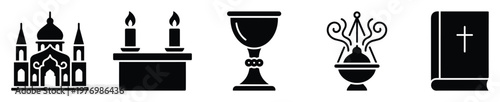 A versatile set of religious symbols including a traditional church, burning candles, a ceremonial chalice, a smoking censer, and a holy bible, excellent for spiritual content and graphic