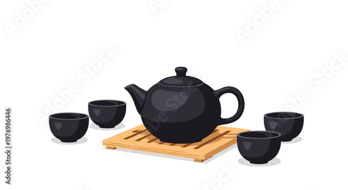 Elegant black ceramic teapot rests on a small square wooden stand surrounded by four matching tea cups arranged in a casual perspective side composition.