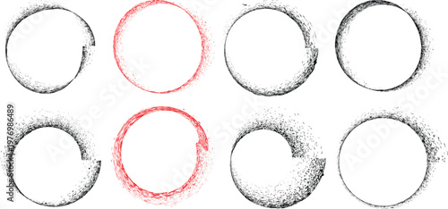  Distress basic geometric shape design . Noise dispersion circle logo . Spray effect .Grunge, grainy, gritty texture with circle frame. Distressed circle element .vector

