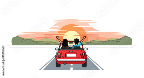 A happy couple drives a classic red convertible down an open road toward a massive glowing orange sunset over distant and rolling green mountain hills.