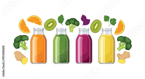 Four glass bottles containing colorful vegetable and fruit smoothies are surrounded by floating pieces of broccoli, kiwi, ginger, and orange slices.