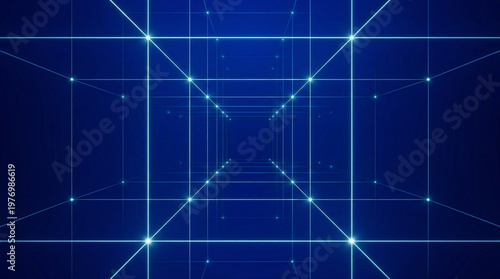 Neon grid tunnel perspective with blue glowing lines for futuristic background and sci fi poster design