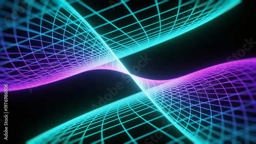 Intersecting teal and magenta grid waves on black background for abstract technology wallpaper and banner