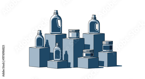 A collection of various blue and grey laundry detergent bottles and soap jars stands neatly on geometric blocks under clean studio lighting conditions.