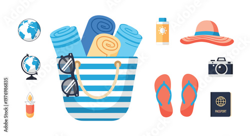 Vibrant summer vacation essentials including a striped tote bag and colorful accessories are displayed as flat icons against a pristine white backdrop.