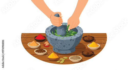 Skilled hands crush fresh green leaves in a heavy stone mortar surrounded by a semi-circle of colorful aromatic spices on a rustic wooden table surface.