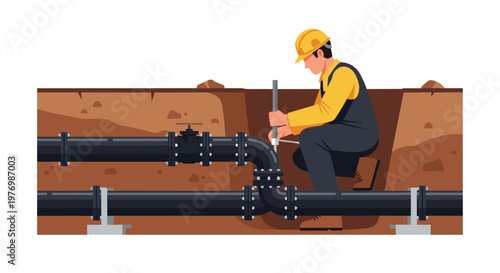 A professional construction worker wearing a bright yellow safety helmet kneels inside a deep earthen trench to inspect large black industrial pipes.