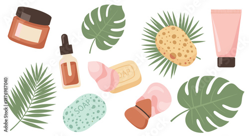 Various organic skincare products including a glass dropper bottle and moisturizing cream are arranged neatly among lush green tropical monstera leaves.