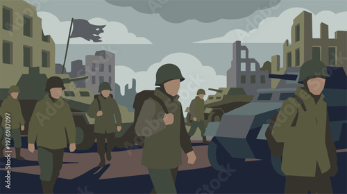 Soldiers and military vehicles moving through a war-torn city