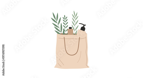 A simple beige canvas bag holds a collection of slender green leaves and two different plastic pump bottles for natural body care products on a white base.