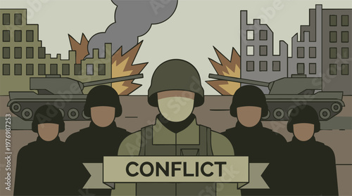 Stylized illustration of soldiers and tanks in a war-torn city with explosions