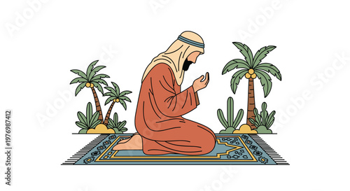 A bearded man wearing traditional brown Arabic clothing kneels in prayer on a blue rug in a desert oasis setting with warm earth tones and green palm trees.