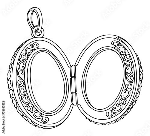Elegant opened locket pendant line art with detailed oval frames and a decorative bail, suitable for crafting, printables, or digital media.
