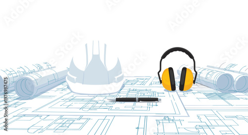 A detailed close-up perspective of architectural blueprints spread across a table features a white hard hat and yellow ear muffs in bright professional lighting.