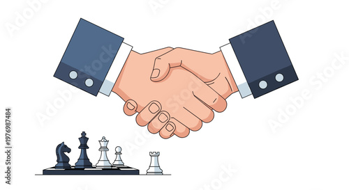 Two professional business partners engage in a firm handshake agreement directly above a strategic chess board featuring black and white pieces on a white background.