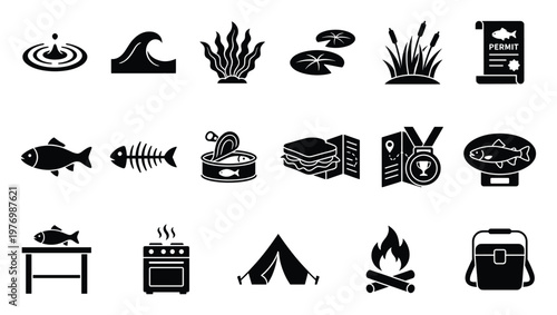 Fishing and camping glyph icons set depicting aquatic elements fish permits food preparation and camping gear for various digital and print uses