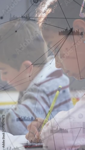 Vertical video: Cam moving right focusing right pupil writing as tech UI drifting, showing learning