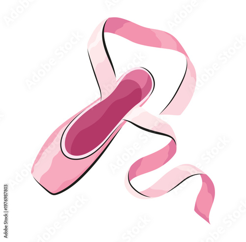 Ballet accessorie. Pink pair of pointe-shoes with satin or silk ribbon. Vector hand drawn sketch style object