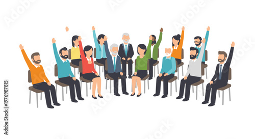 A diverse group of professionals sits in a circular formation while actively participating by raising their hands during an engaging and collaborative workshop.