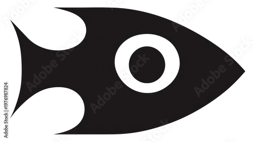 Stylized, minimalist black fish icon with a white circle eye on a white background