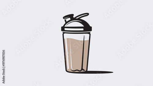 A cartoon illustration of a protein shaker bottle filled with a brown liquid on a plain background