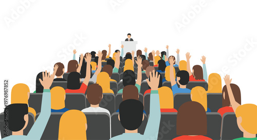 Numerous audience members raise their hands to ask questions during a formal presentation given by a speaker standing at a white podium in a large hall.