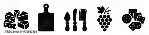 Culinary icon collection showcasing cheese pieces, a serving board, specialized knives, fresh grapes, and assorted crackers, perfect for gastronomic themes and gourmet content.