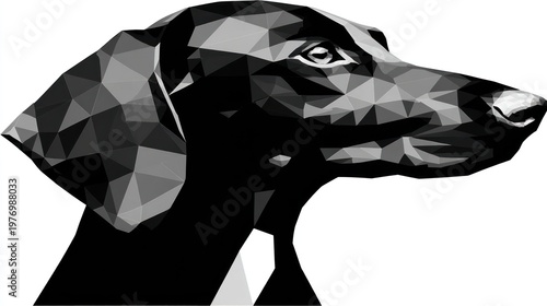 Geometric stylized black dog head, low poly design in shades of gray on white