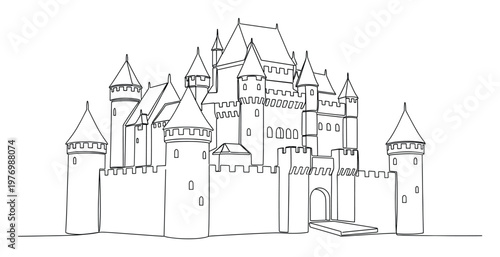 Detailed continuous line drawing of a majestic medieval castle with towers, battlements, and a drawbridge perfect for educational materials or historical architectural studies