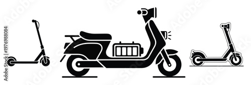 Electric mobility vehicle set featuring various types of battery powered scooters and kick scooters, perfect for transportation, urban lifestyle, and ecofriendly travel concepts
