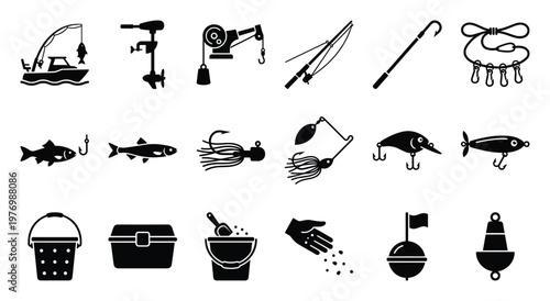 A comprehensive collection of fishing equipment icons and gear symbols perfect for outdoor hobby guides, aquatic sports websites, and angler enthusiast merchandise.