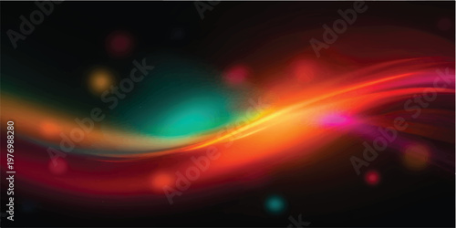 Abstract colorful and glowing background design featuring motion waves of blue and orange light energy with bright rays and fire flames shining against a dark black backdrop