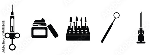 Essential dentistry and medical procedure equipment vector icons including an anesthetic syringe, topical ointment jar, dental burs, mouth mirror, and injection needle for healthcare design.